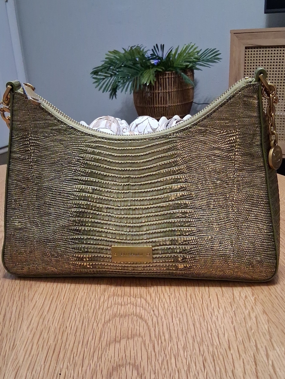 Brahmin Green And Gold Lizard-Embossed Wristlet